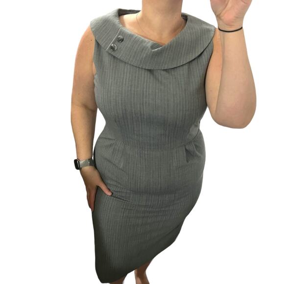 Tahari Arthur S. Levine (12) Pinstripe Fold Collar Sleeveless Sheath Dress Lined - Picture 2 of 14